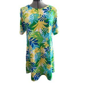 Ruby Rd. Tropical Floral Print Stretch Dress In Vibrant Blue Green Yellow S